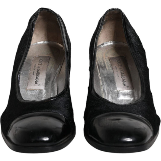Dolce & Gabbana Black Leather Block Heels Pumps Shoes