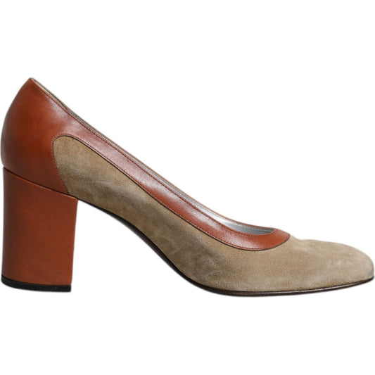Dolce & Gabbana Beige Brown Leather Block Heels Pumps Shoes