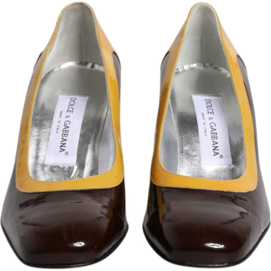 Dolce & Gabbana Yellow Brown Leather Block Heel Pumps Shoes