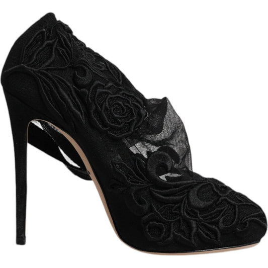 Dolce & Gabbana Black Tulle Stretch Heels Mid Calf Boots Shoes