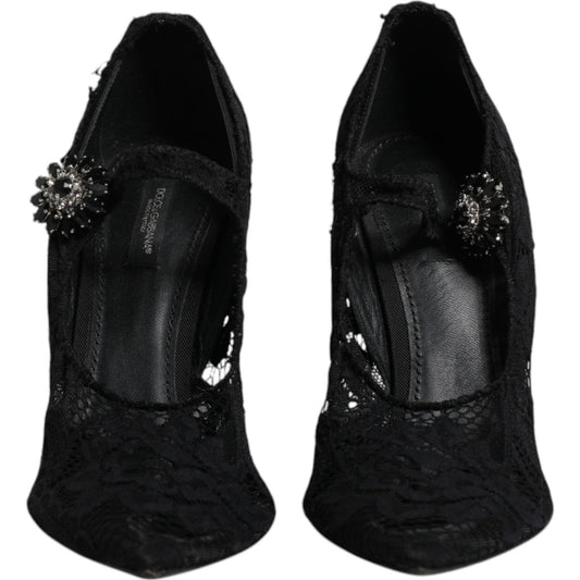Dolce & Gabbana Black Lace Crystals Mary Jane Pumps Shoes