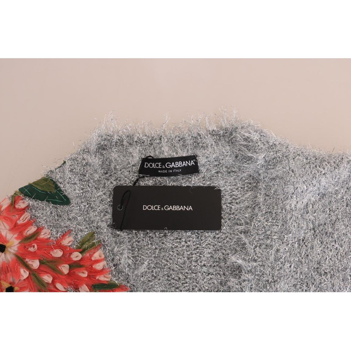 Dolce & Gabbana Silver Cardigan Floral Applique Sweater TSH1901-2