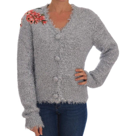 Dolce & Gabbana Silver Cardigan Floral Applique Sweater TSH1901-2