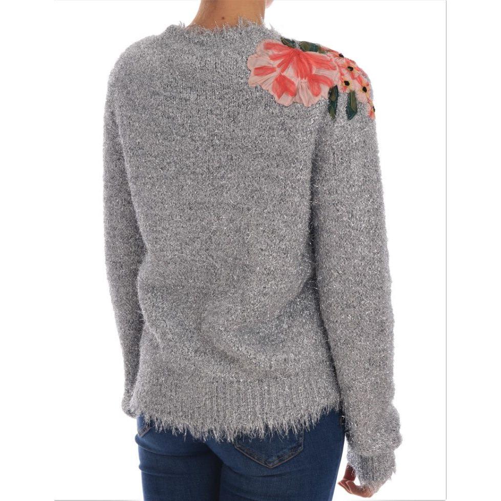 Dolce & Gabbana Silver Cardigan Floral Applique Sweater TSH1901-2