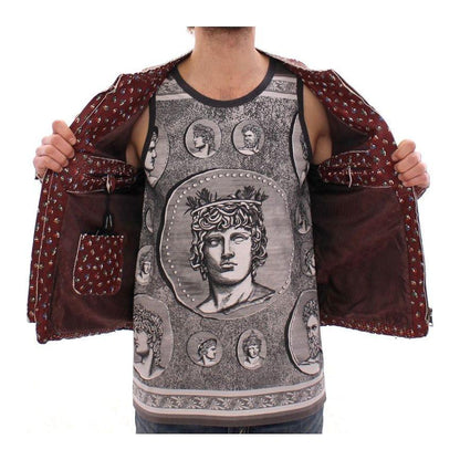 Dolce & Gabbana Bordeaux Leather Boxer Print Jacket Coat Coats & Jackets
