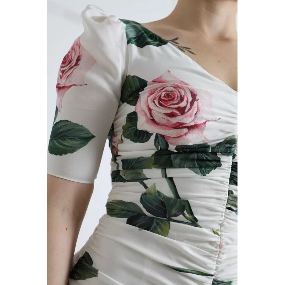 Dolce & Gabbana White Roses Print Stretch Silk Pleated Dress DR28962-36