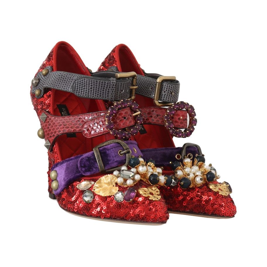 Dolce & Gabbana Red Sequined Crystal Studs Heels Shoes