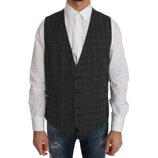 Dolce & Gabbana Gray Wool STAFF Checkered Stretch Vest TSH2424-1