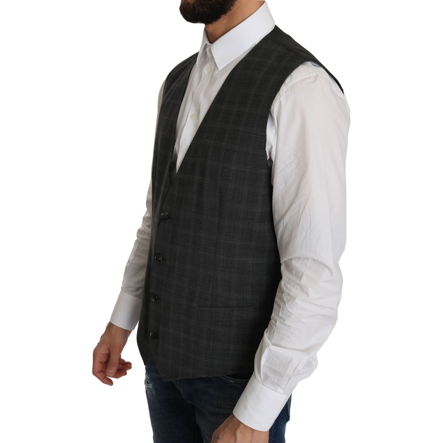 Dolce & Gabbana Gray Wool STAFF Checkered Stretch Vest TSH2424-1