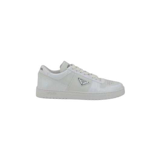 Prada Downtown white leather sneakers with lace-up closure, enameled plaque, breathable perforated toe, and contrasting heel logo.