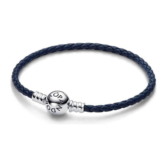 PANDORA MOMENTS COLLECTION Mod. ROUND CLASP BLUE BRAIDED LEATHER BRACELET 592790C01-S2