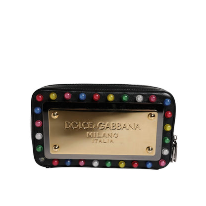 Dolce & Gabbana Black Leather LED Logo Wrist Strap Clutch Bag