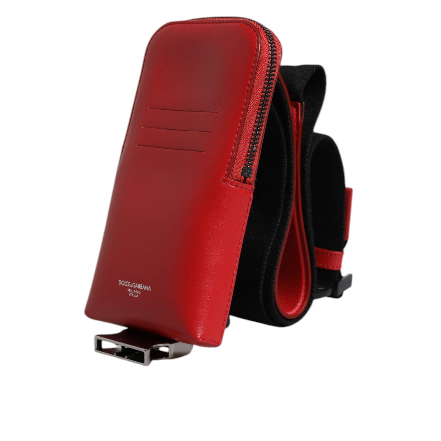 Dolce & Gabbana Red Leather Logo Zip Around Card Holder Wide Strap Wallet