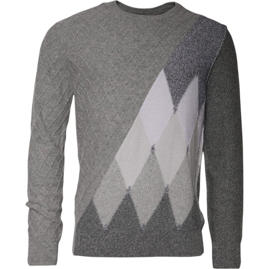 Ballantyne Gray Cashmere Argyle Intarsia Knit Crew Neck Sweater