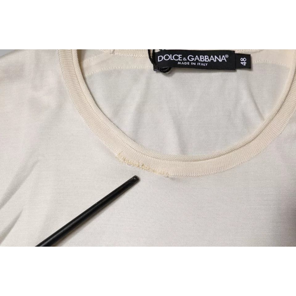 Dolce & Gabbana Off White Silk Crew Neck Short Sleeve T-shirt