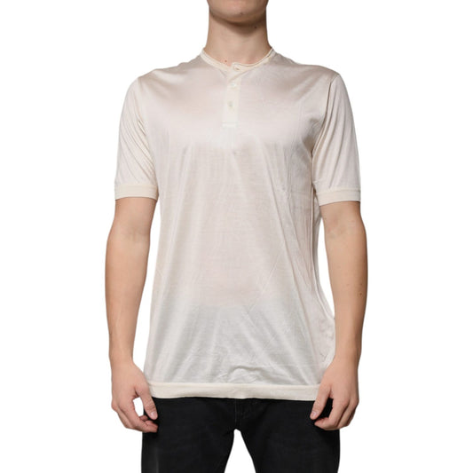 Dolce & Gabbana Off White Silk Crew Neck Henley T-shirt