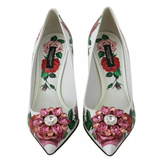 Dolce & Gabbana White Leather Roses Crystal Pumps Shoes