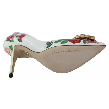 Dolce & Gabbana White Leather Roses Crystal Pumps Shoes