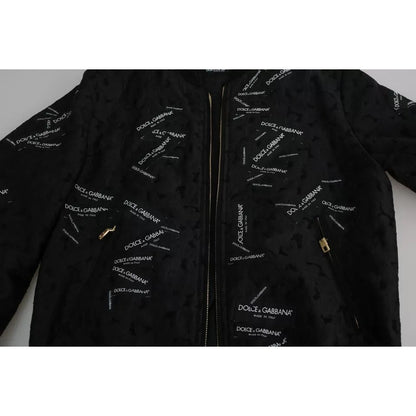 Dolce & Gabbana Black Logo Patch Brocade Bomber Full Zip Jacket