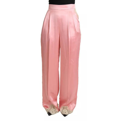 Dolce & Gabbana Pink Lace Trimmed Silk Satin Wide Legs Pants