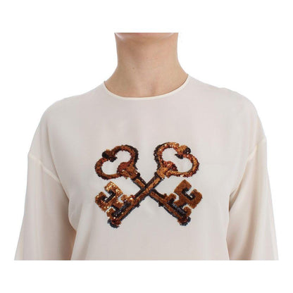 Dolce & Gabbana White Sequined Key Silk Blouse T-shirt Top