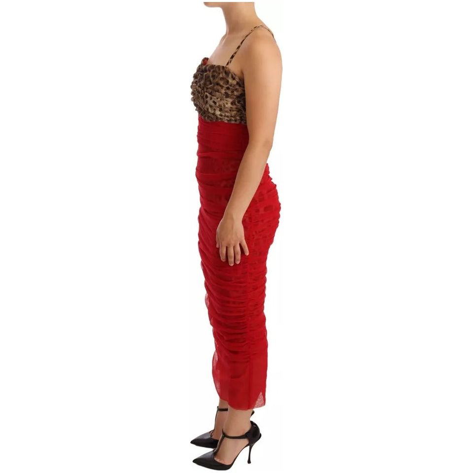 Dolce & Gabbana Brown Leopard Red Tulle Sheath Midi Dress
