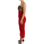 Dolce & Gabbana Brown Leopard Red Tulle Sheath Midi Dress