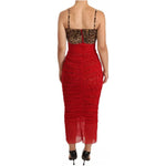 Dolce & Gabbana Brown Leopard Red Tulle Sheath Midi Dress
