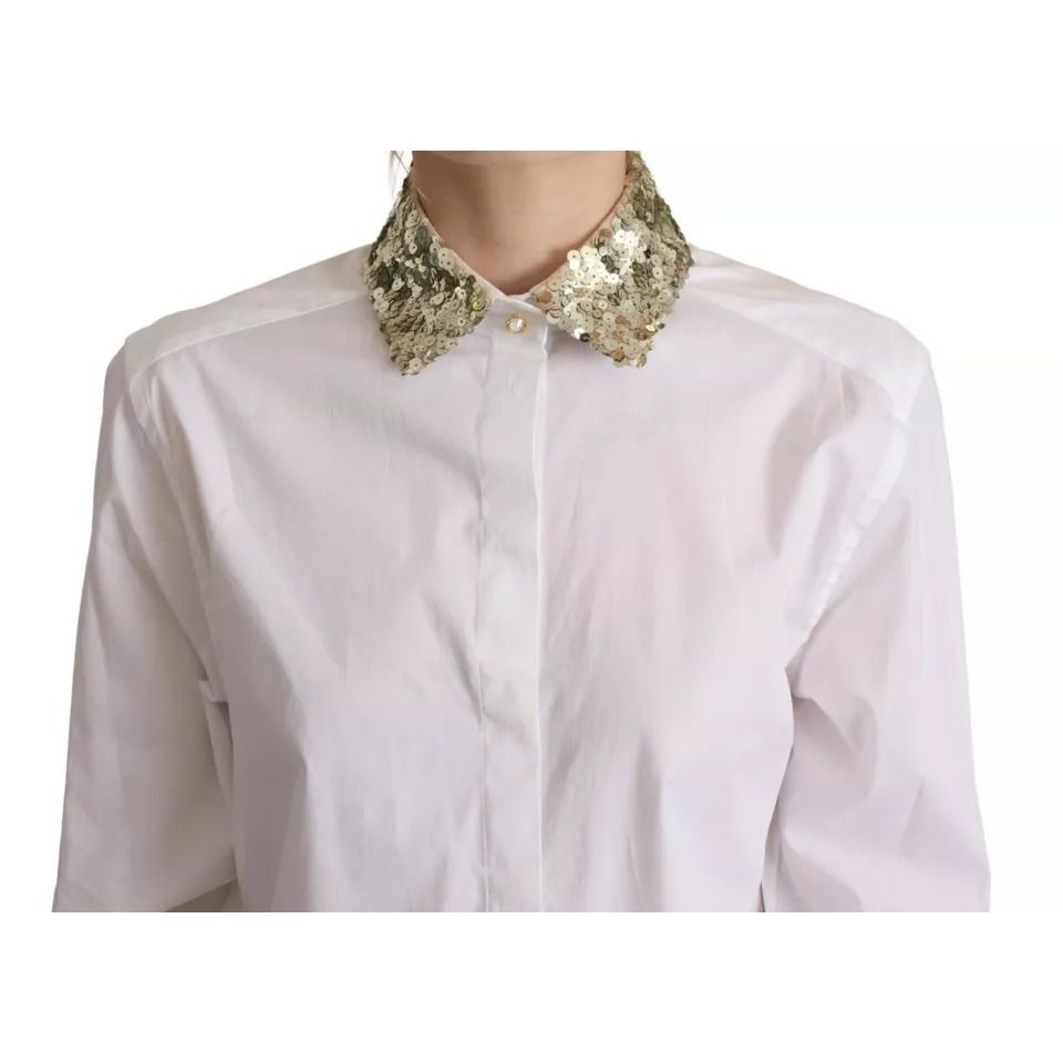 Dolce & Gabbana White Cotton Collared Long Sleeves Sequin Top Shirt