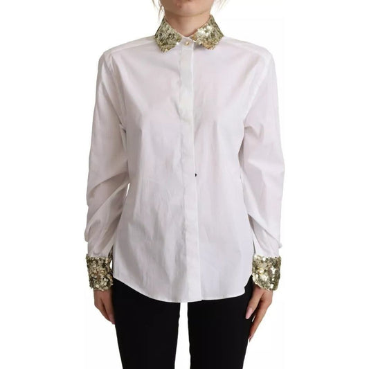 Dolce & Gabbana White Cotton Collared Long Sleeves Sequin Top Shirt