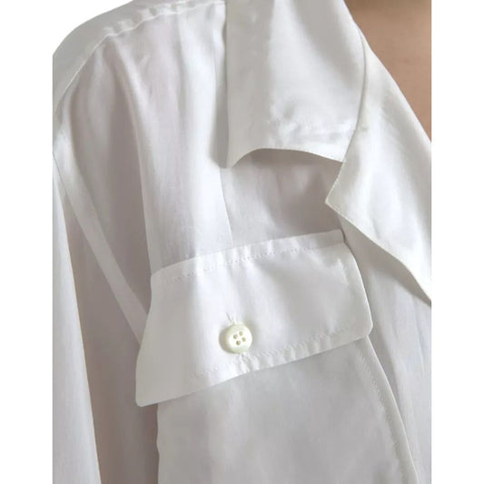 Dolce & Gabbana White Silk Collared 3/4 Sleeves Blouse Top