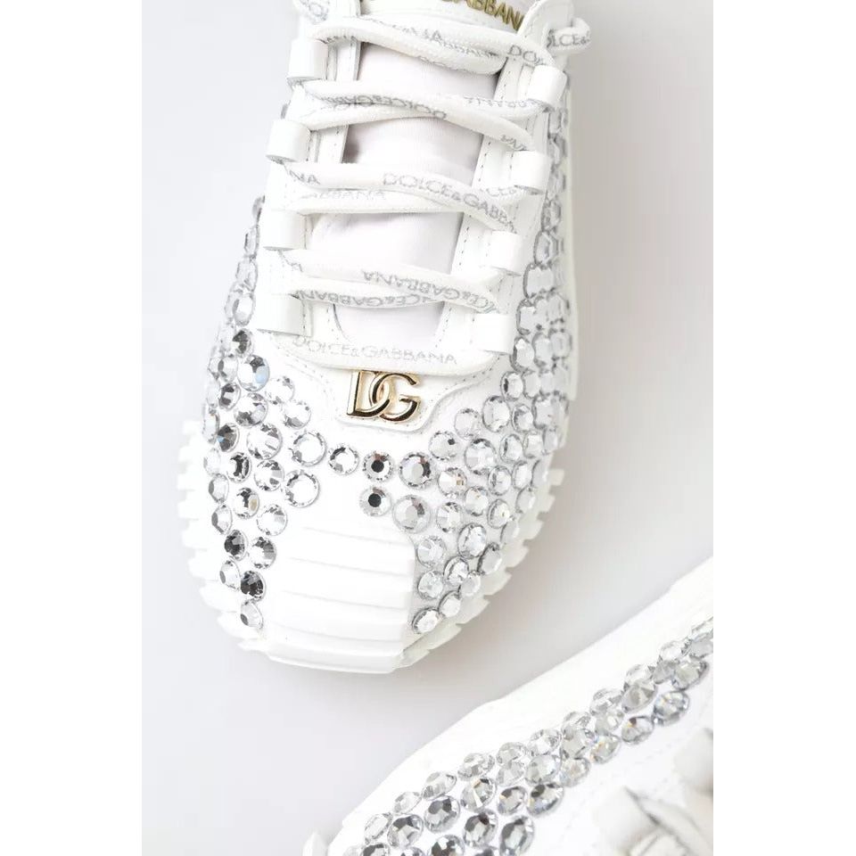 Dolce & Gabbana White NS1 Canvas Leather Embellished Sneakers Shoes LA10412-36