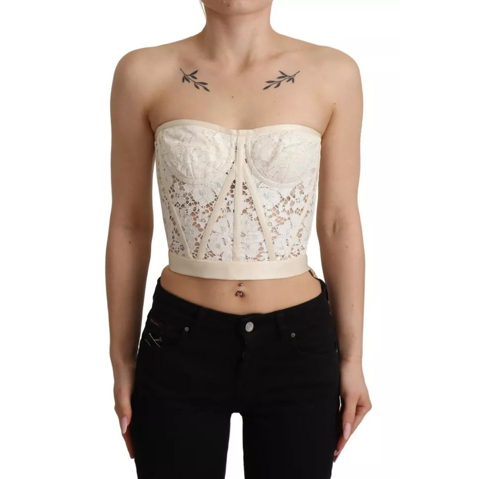 Dolce & Gabbana White Strapless Floral Lace Cropped Bustier Top