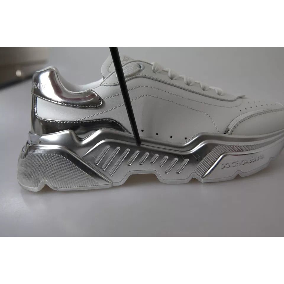 Dolce & Gabbana White Silver Daymaster Leather Sneakers Shoes