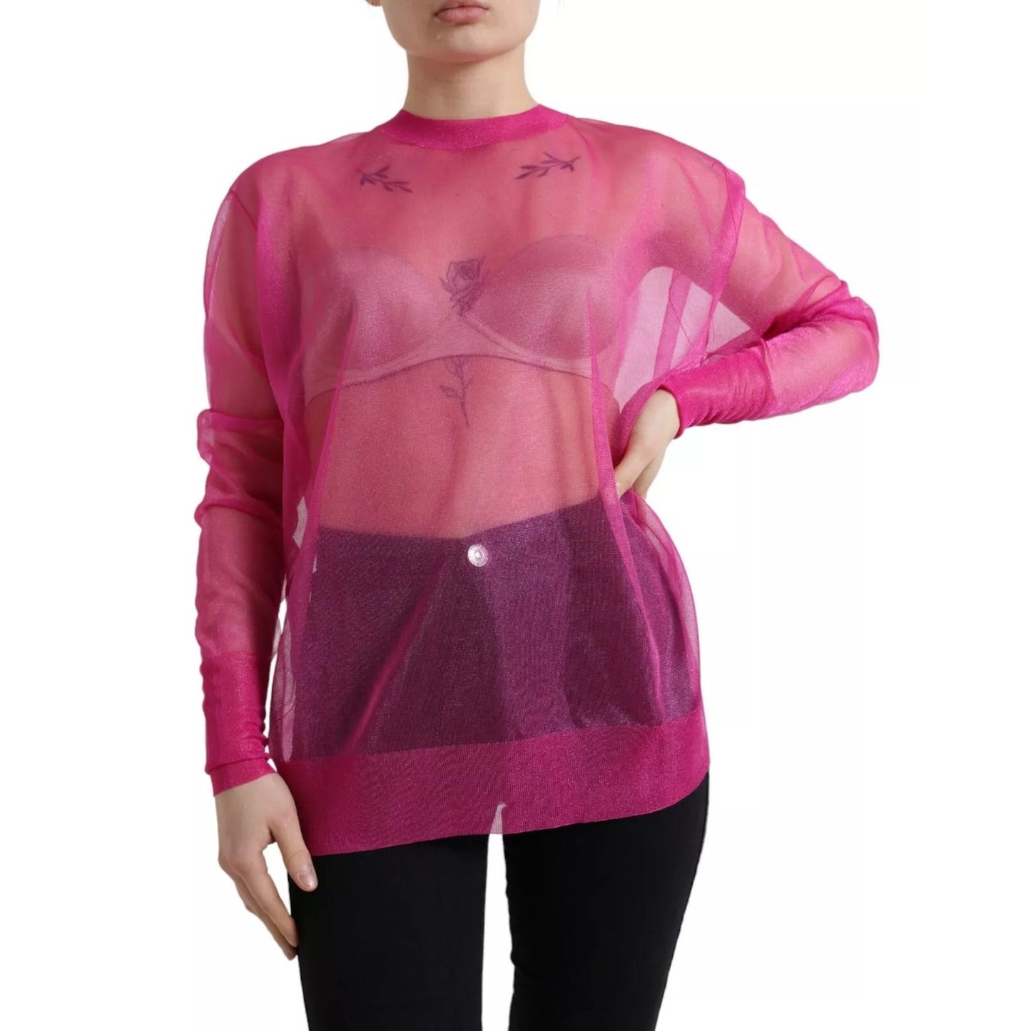 Dolce & Gabbana Pink Sheer Long Sleeves Crewneck Top Blouse