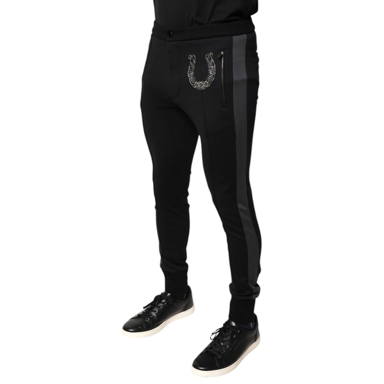 Dolce & Gabbana Black Horseshoe Embellished Wool Slim Fit Pants