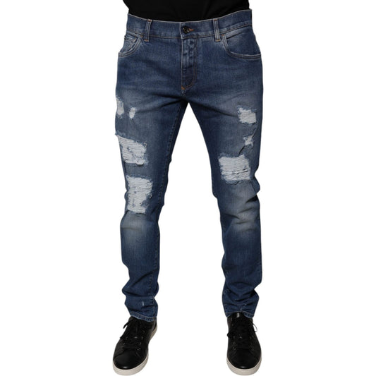 Dolce & Gabbana Blue Cotton Tattered Skinny Denim Jeans