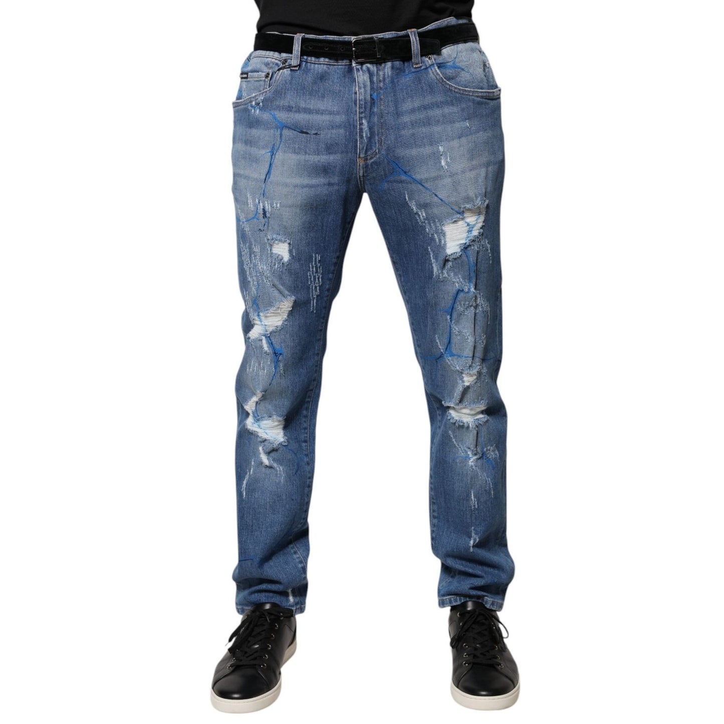 Dolce & Gabbana Blue Cotton Stretch Tattered Skinny Denim Jeans