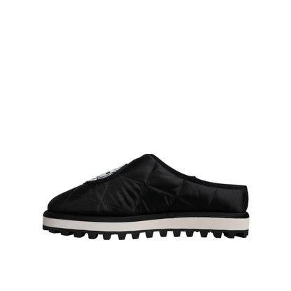 Dolce & Gabbana Black Nylon Quilted Logo Patch Sandals Slides Shoes