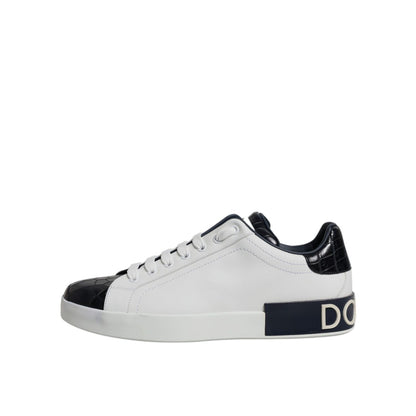 Dolce & Gabbana White Black Leather Portofino Sneakers Shoes
