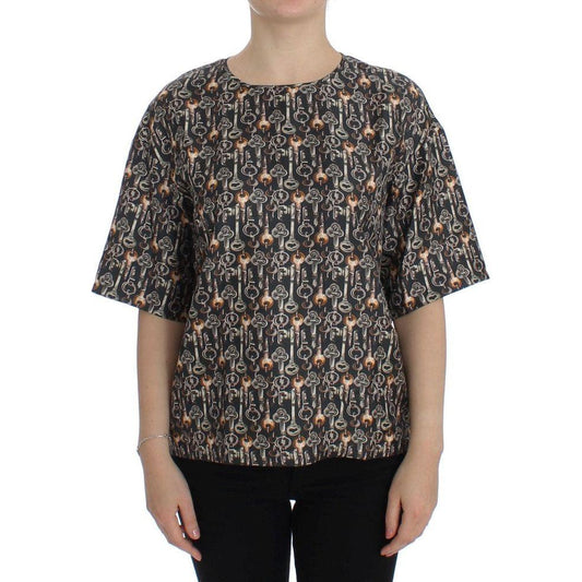 Dolce & Gabbana Gray Gold Key Print Silk Blouse T-shirt SIG13324-2