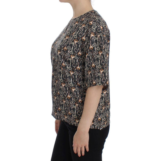 Dolce & Gabbana Gray Gold Key Print Silk Blouse T-shirt SIG13324-2