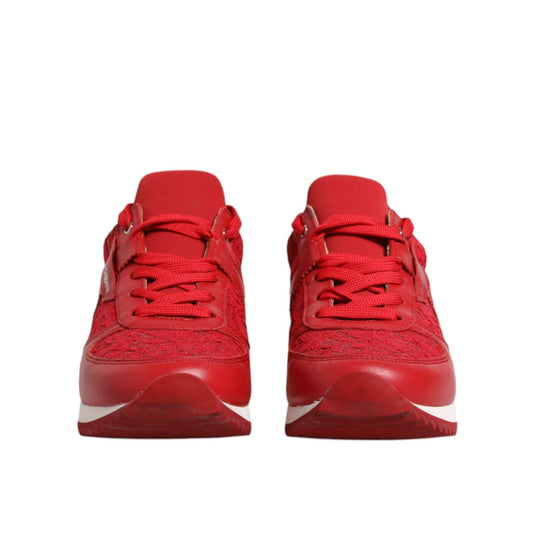 Dolce & Gabbana Red Floral Lace Leather Sneakers Shoes