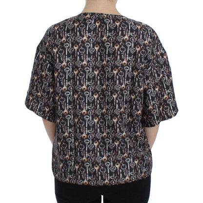 Dolce & Gabbana Gray Gold Key Print Silk Blouse T-shirt