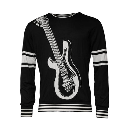 Dolce & Gabbana Black White Guitar Silk Crew Neck Sweater