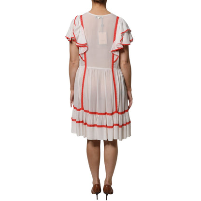 Twinset White Viscose Ruffle Sleeves A-line Pleated Mini Dress