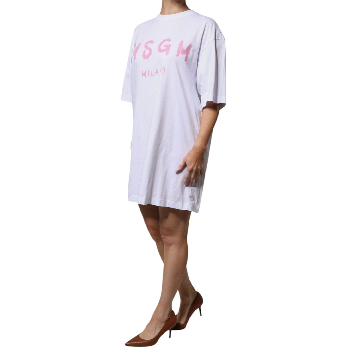 MSGM White Logo Print Cotton T-shirt Short Sleeves Mini Dress DR281356-40
