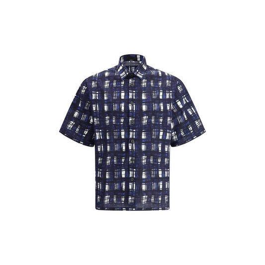 Prada Madras check pattern shirt, short-sleeve cotton with front button closure, perfect for summer elegance and versatile style.