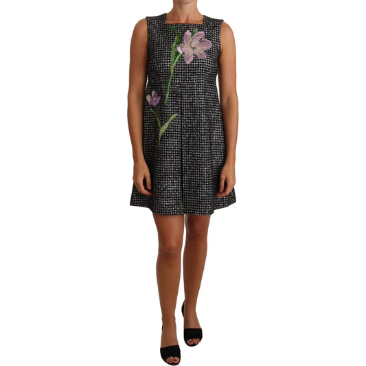 Dolce & Gabbana Gray Houndstooth Floral Appliqué Shift Mini Dress DR1439-40