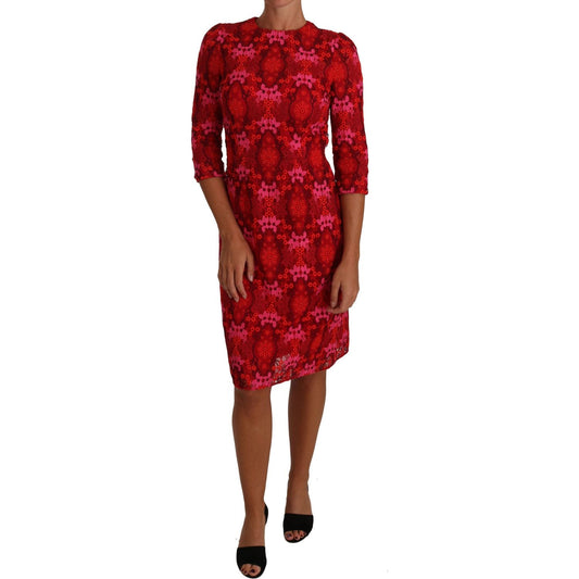 Dolce & Gabbana Floral Crochet Lace Red Pink Sheath Dress DR1458-40
